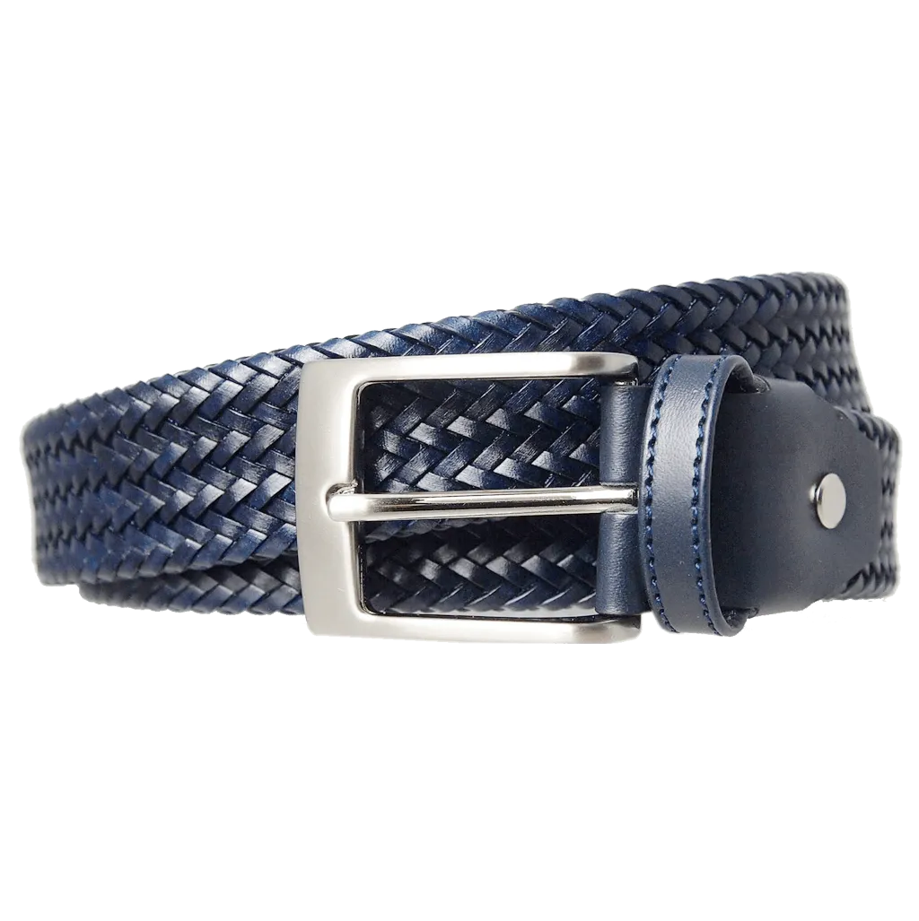34 Mm Fine Weave Leather Belt Navy