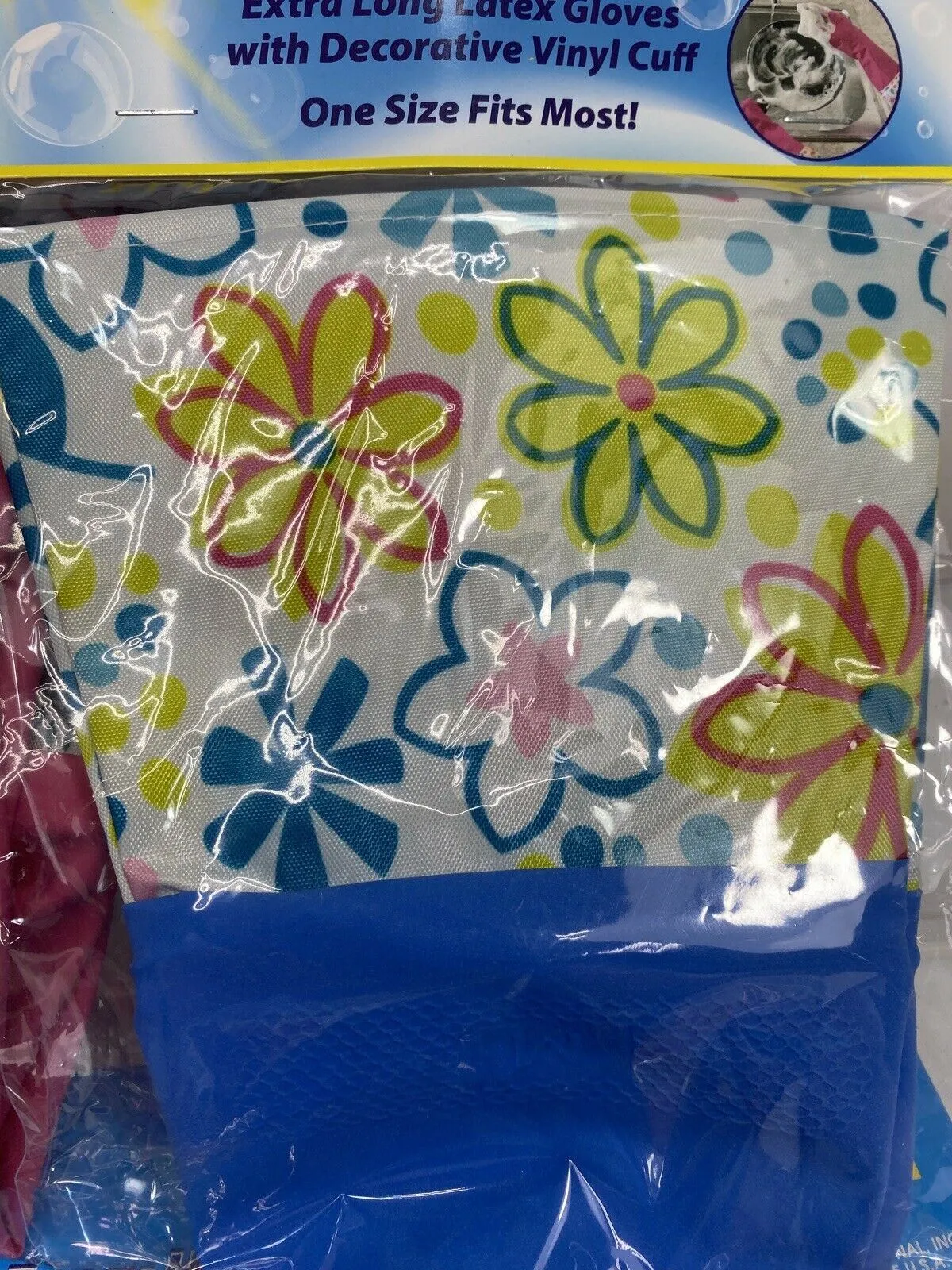 (4) Decorative Latex Dish washing Gloves  Vinyl Cuff to Elbow Floral  Pink Blue