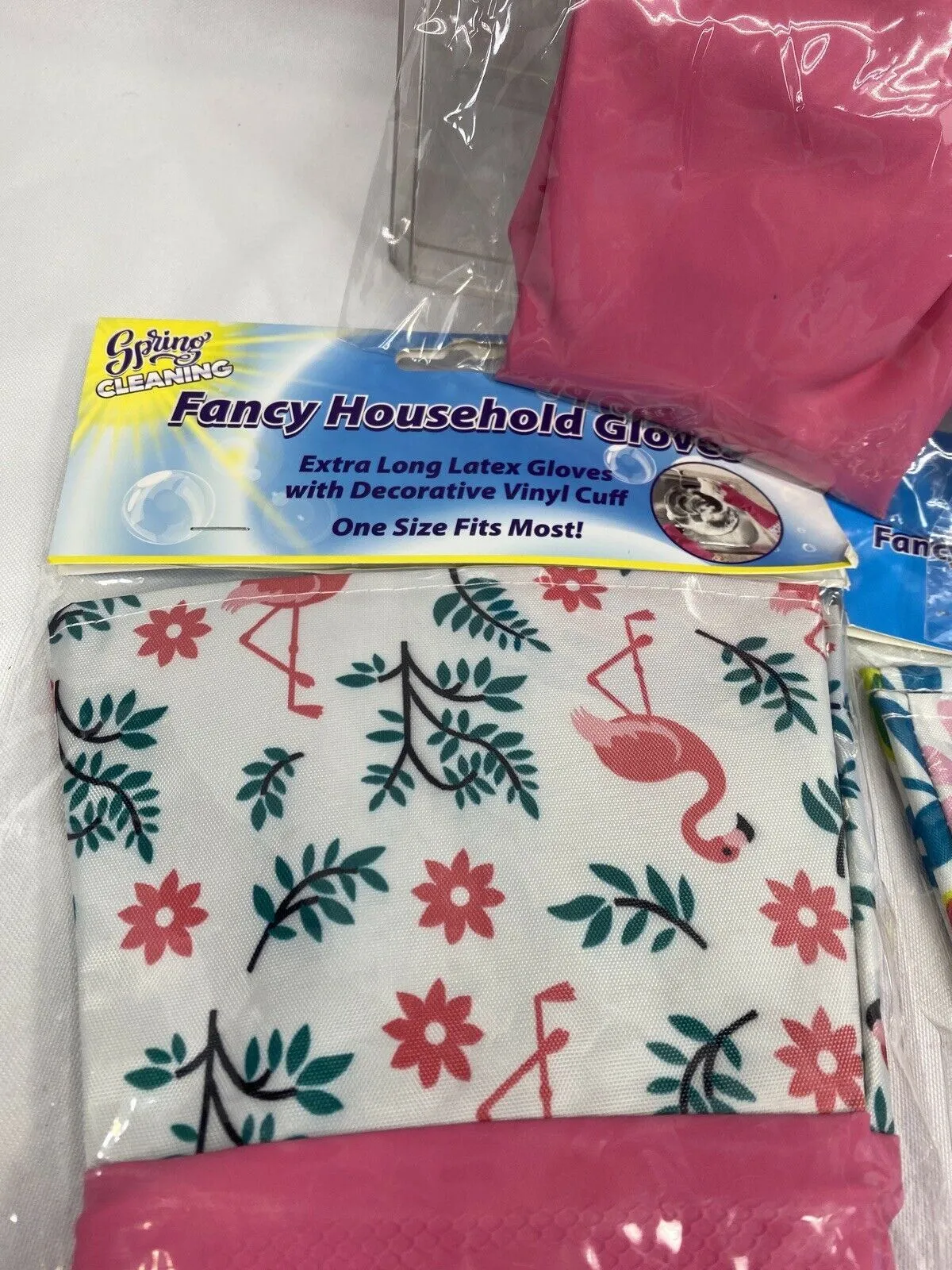 (4) Decorative Latex Dish washing Gloves  Vinyl Cuff to Elbow Floral  Pink Blue