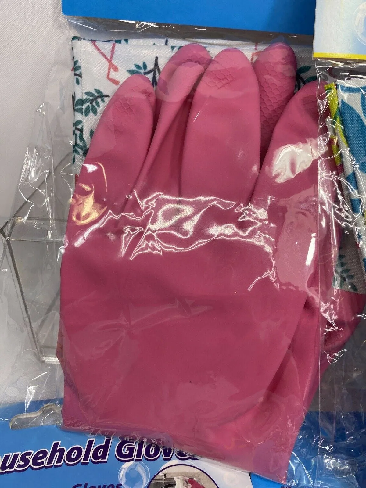 (4) Decorative Latex Dish washing Gloves  Vinyl Cuff to Elbow Floral  Pink Blue