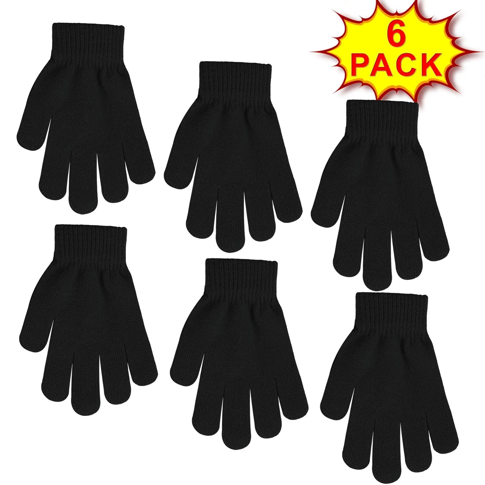6 Pack Kids Black Winter Gloves