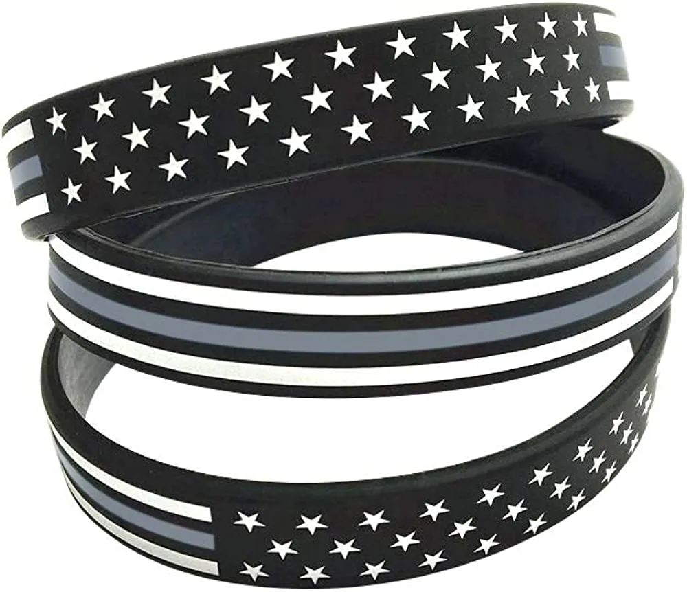 American Flag Silicone Stretchable Bracelet 4-Pack (Thin Grey Line)