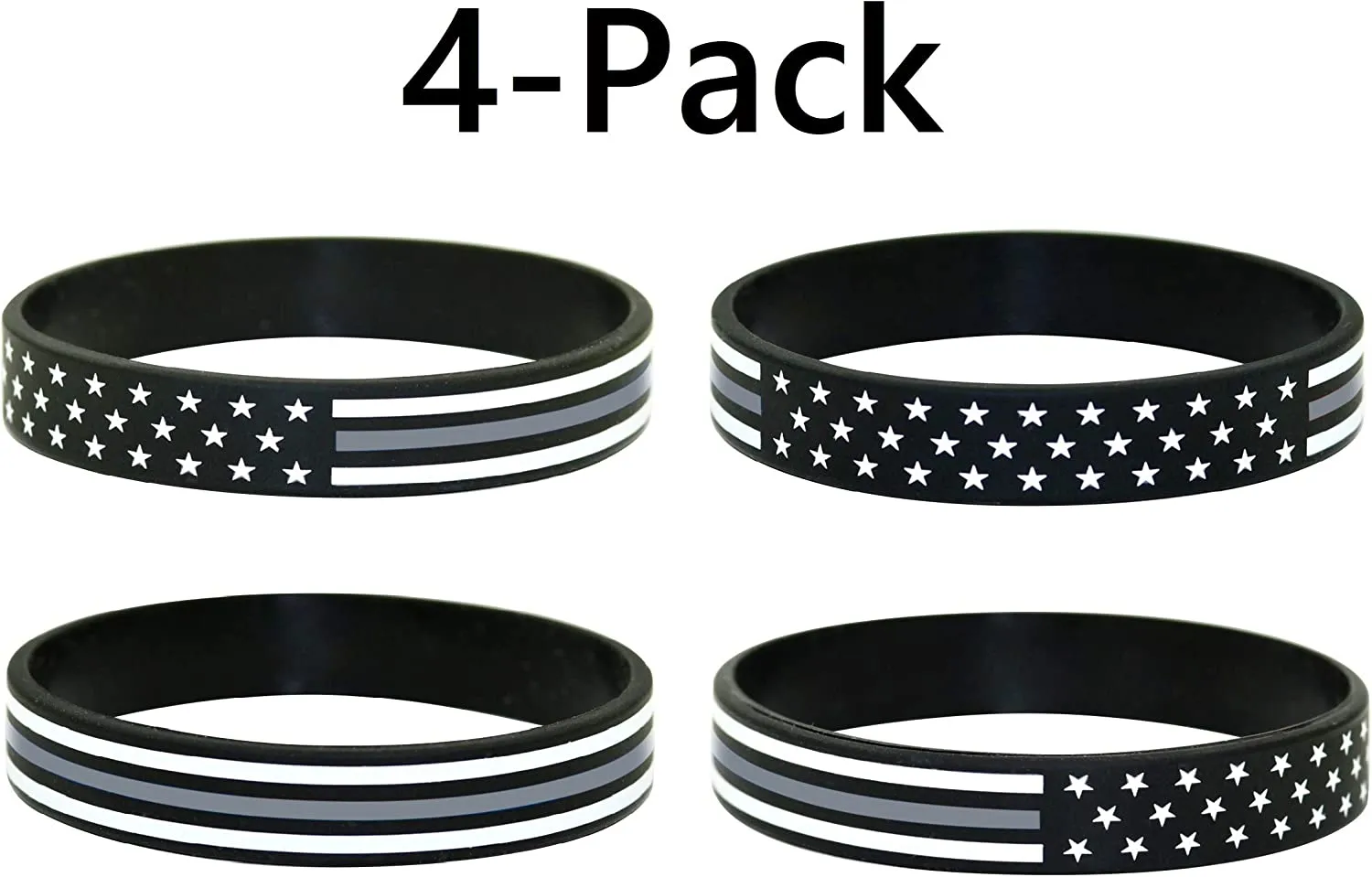 American Flag Silicone Stretchable Bracelet 4-Pack (Thin Grey Line)
