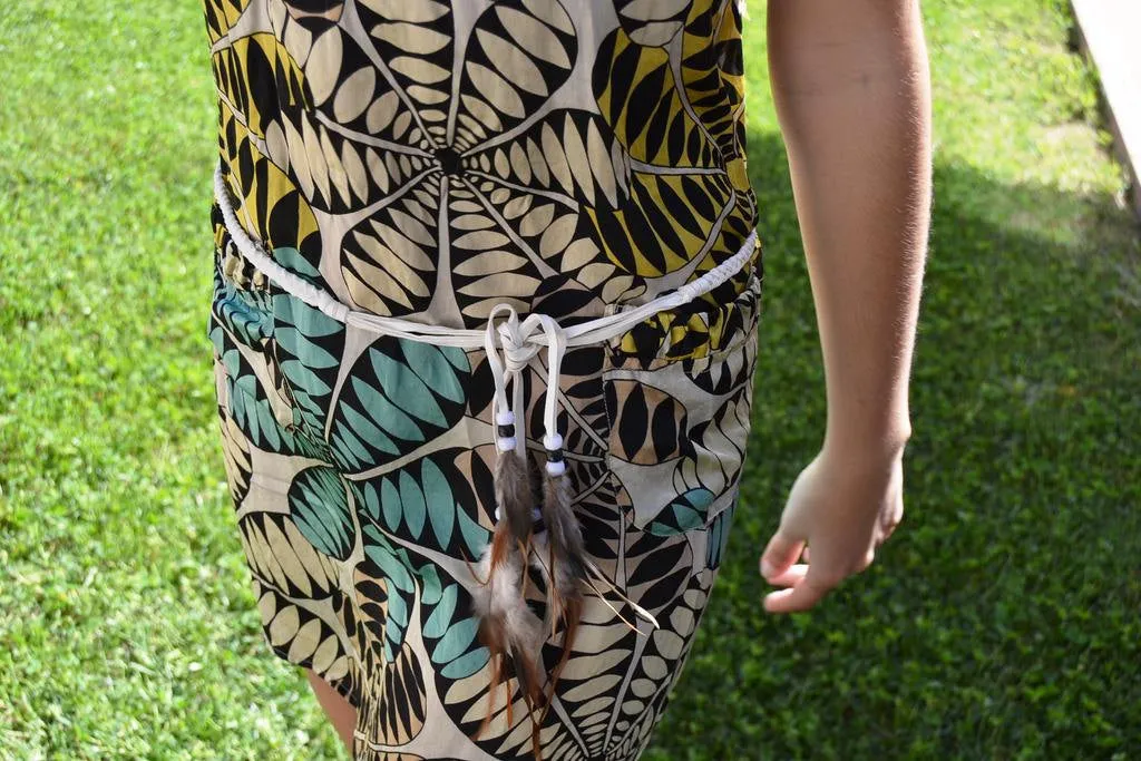 BE2-White  Braided leather Belt or Headband with feathers, plaited suede belt with feathers