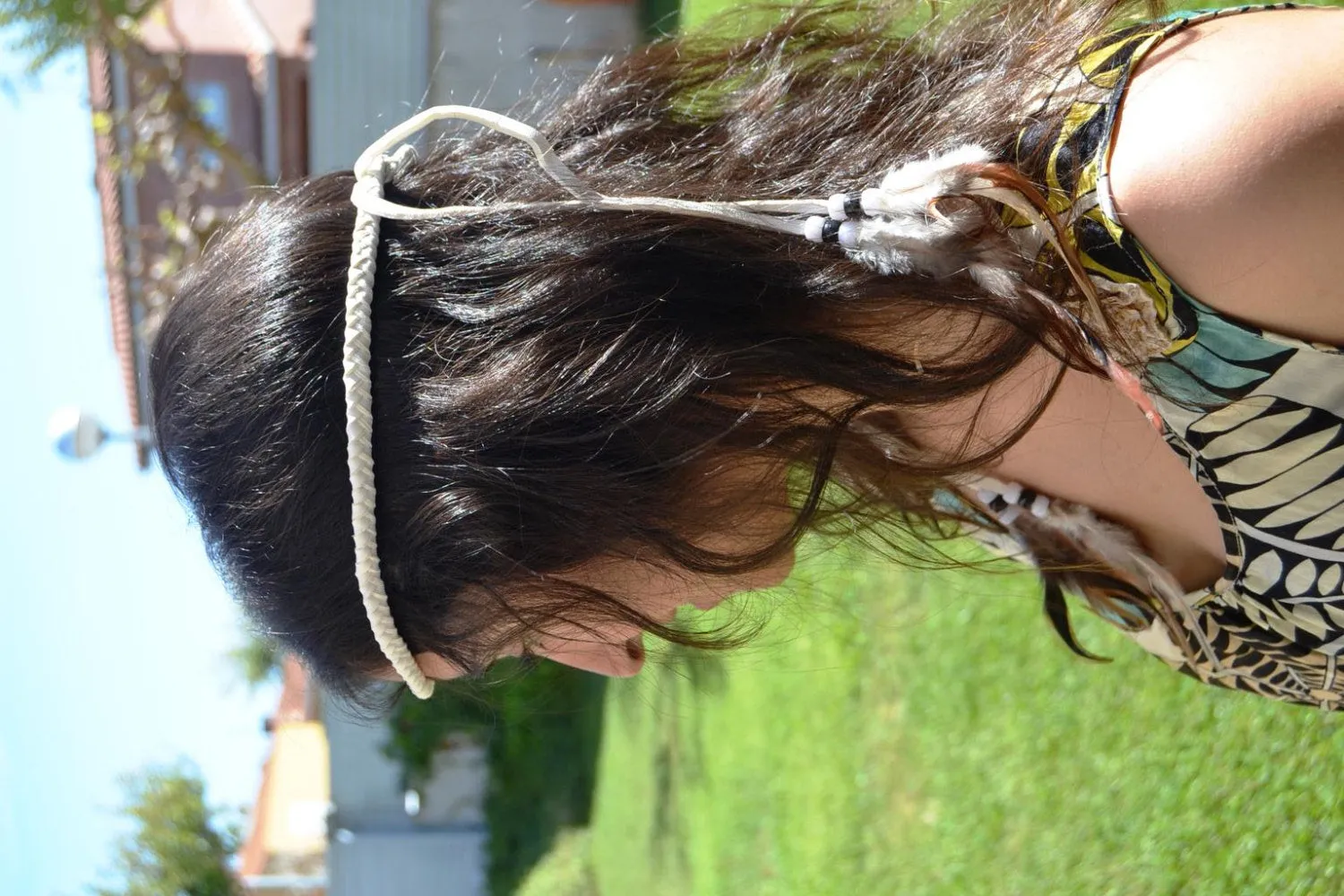 BE2-White  Braided leather Belt or Headband with feathers, plaited suede belt with feathers