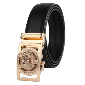 Black Belt Gold Buckle Mens Adjustable Ratchet Slide Buckle Belt - Genuine Leather Automatic Belt