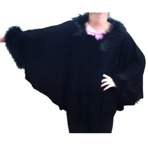 Black Wool Cashmere Poncho With Faux Fur One Size Fits Most