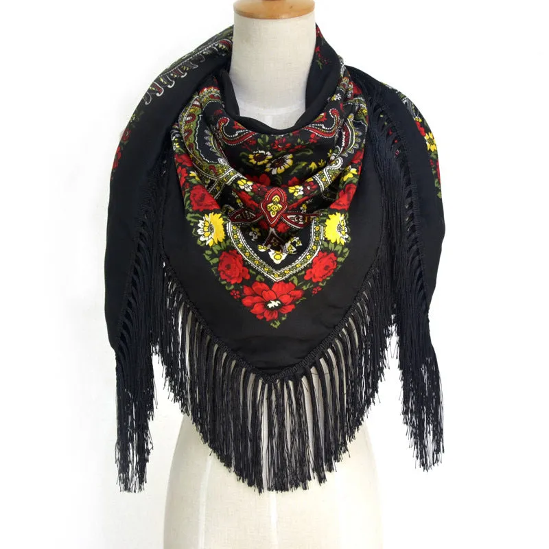 Ethnic Flower Print Square Scarf Shawl Fringed Scarves for Women Ladies Girls
