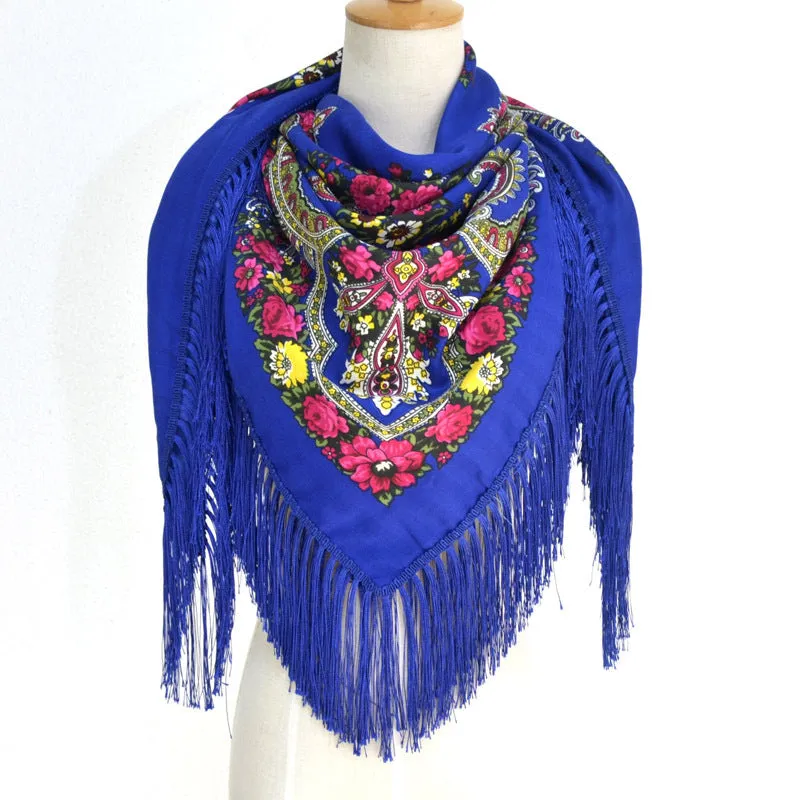 Ethnic Flower Print Square Scarf Shawl Fringed Scarves for Women Ladies Girls