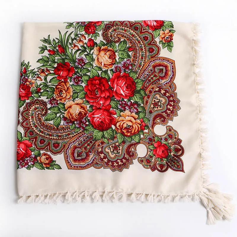 Ethnic Flower Print Square Scarf Shawl Fringed Scarves for Women Ladies Girls