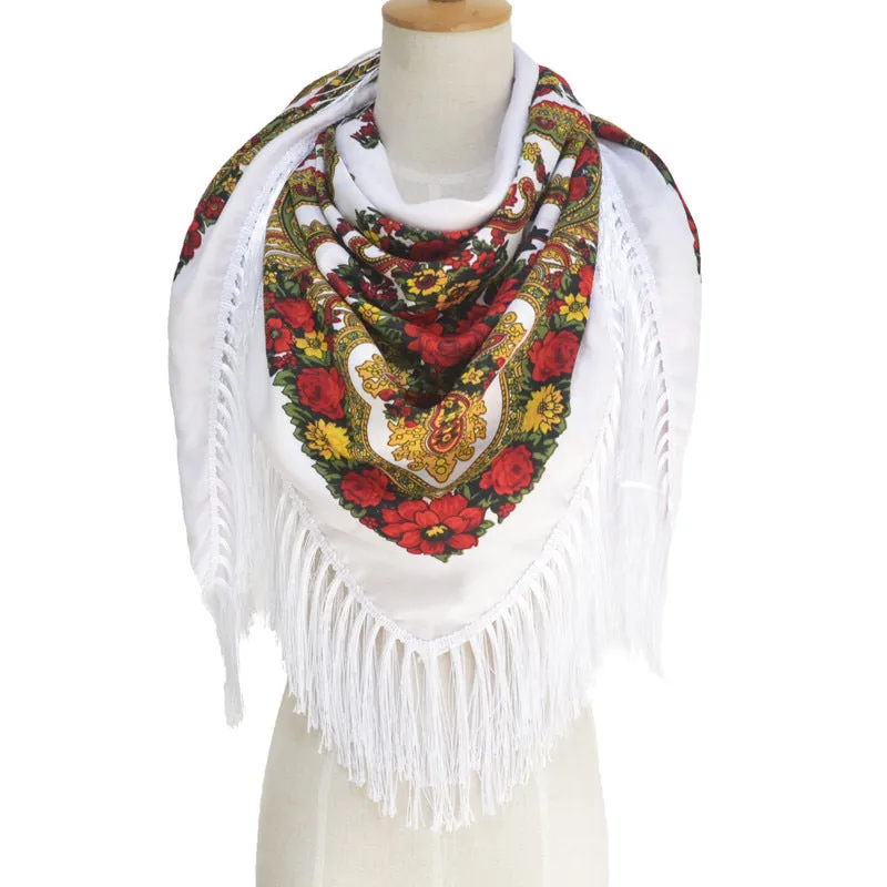 Ethnic Flower Print Square Scarf Shawl Fringed Scarves for Women Ladies Girls