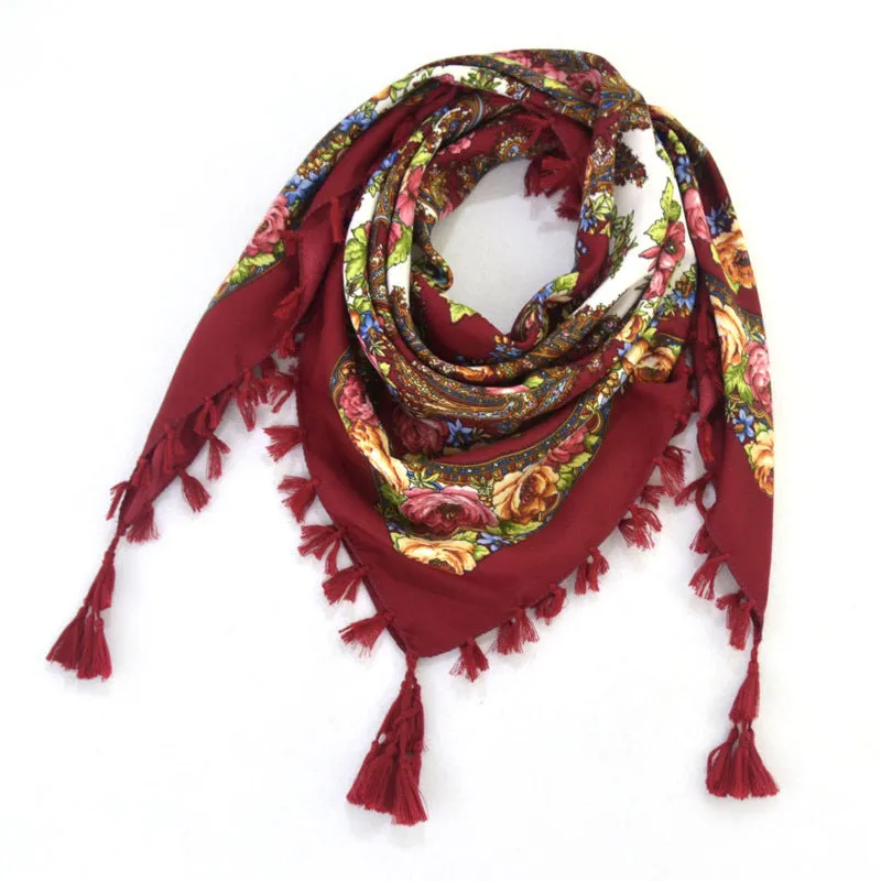 Ethnic Flower Print Square Scarf Shawl Fringed Scarves for Women Ladies Girls