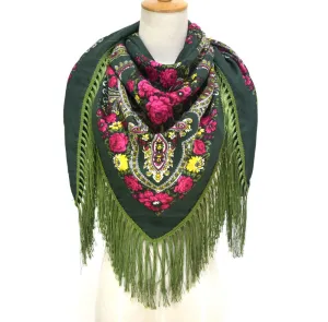 Ethnic Flower Print Square Scarf Shawl Fringed Scarves for Women Ladies Girls