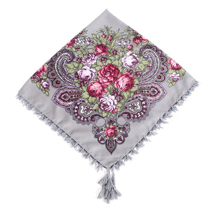 Ethnic Flower Print Square Scarf Shawl Fringed Scarves for Women Ladies Girls