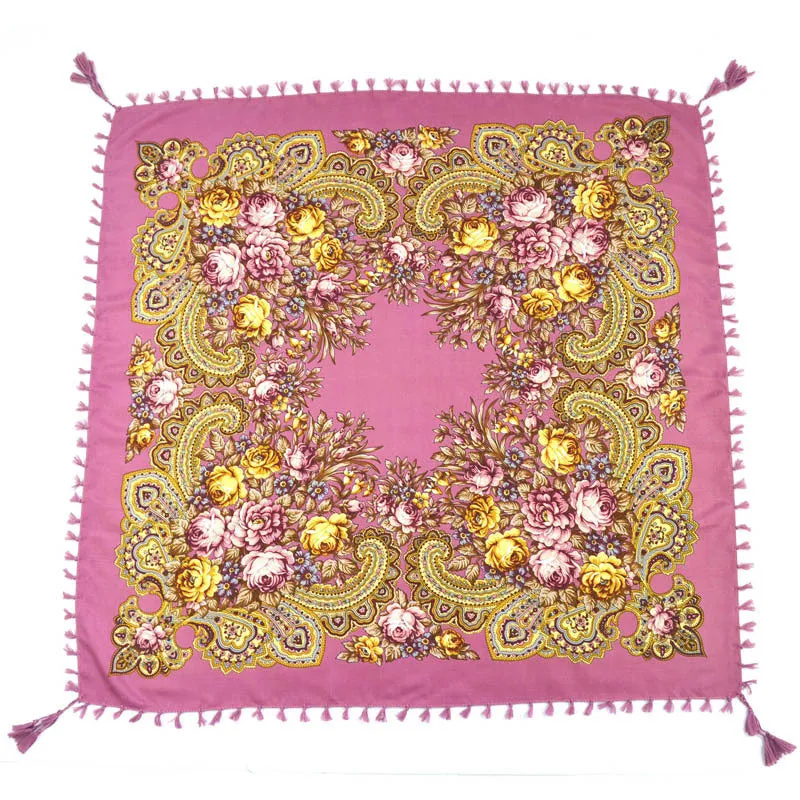 Ethnic Flower Print Square Scarf Shawl Fringed Scarves for Women Ladies Girls