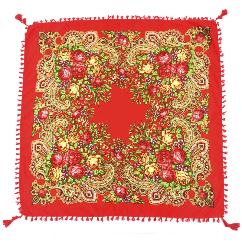 Ethnic Flower Print Square Scarf Shawl Fringed Scarves for Women Ladies Girls