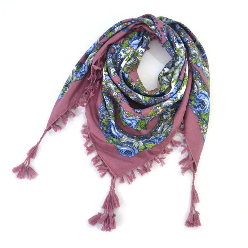 Ethnic Flower Print Square Scarf Shawl Fringed Scarves for Women Ladies Girls