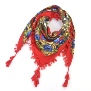 Ethnic Flower Print Square Scarf Shawl Fringed Scarves for Women Ladies Girls