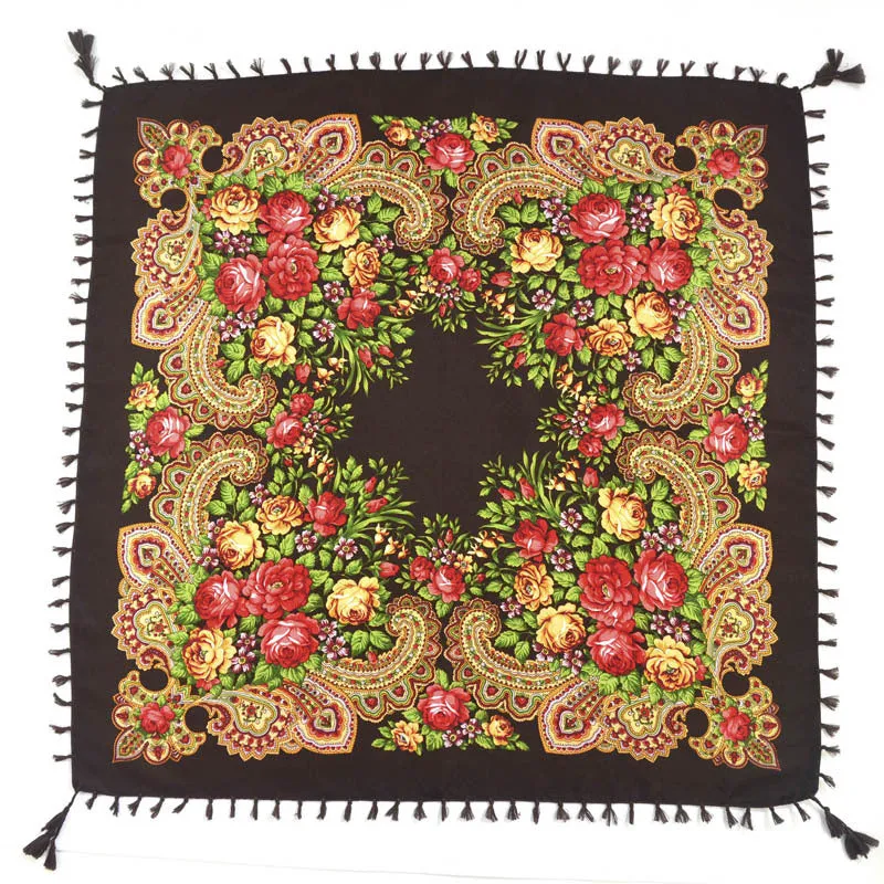 Ethnic Flower Print Square Scarf Shawl Fringed Scarves for Women Ladies Girls