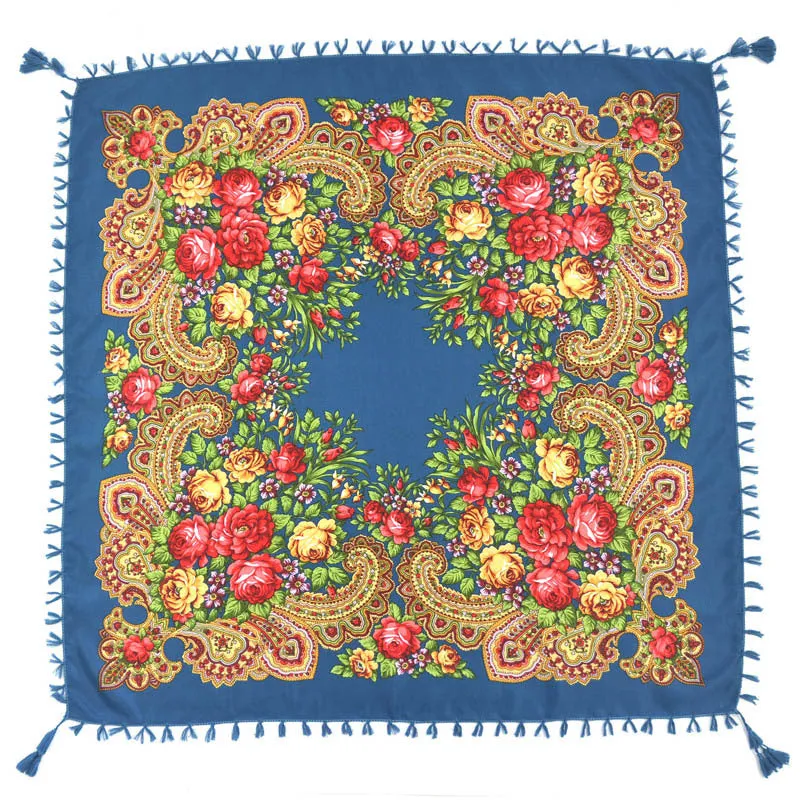 Ethnic Flower Print Square Scarf Shawl Fringed Scarves for Women Ladies Girls