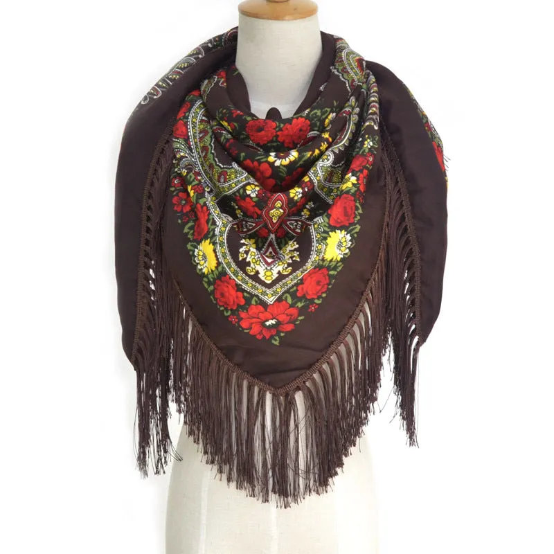 Ethnic Flower Print Square Scarf Shawl Fringed Scarves for Women Ladies Girls