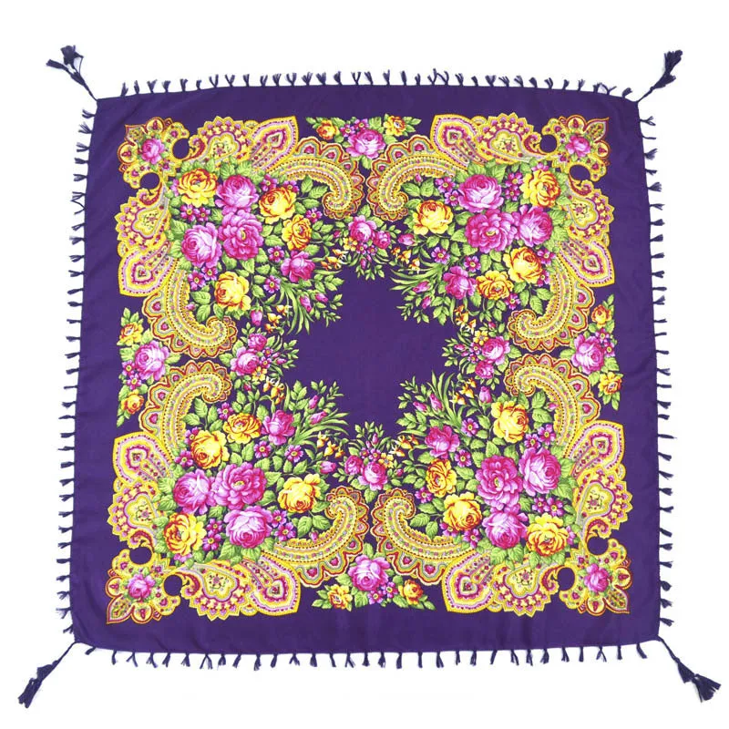 Ethnic Flower Print Square Scarf Shawl Fringed Scarves for Women Ladies Girls