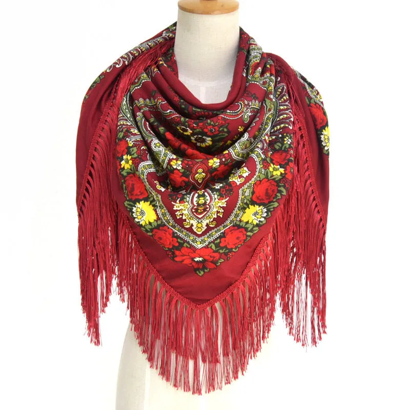 Ethnic Flower Print Square Scarf Shawl Fringed Scarves for Women Ladies Girls