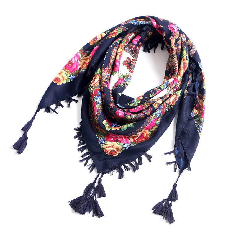 Ethnic Flower Print Square Scarf Shawl Fringed Scarves for Women Ladies Girls