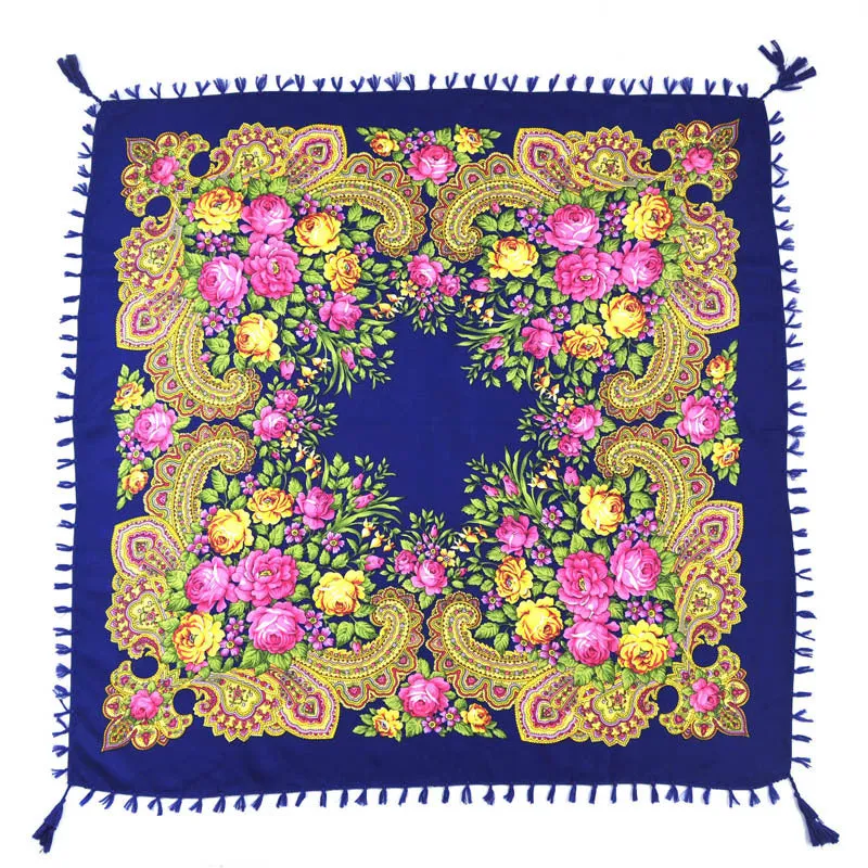 Ethnic Flower Print Square Scarf Shawl Fringed Scarves for Women Ladies Girls