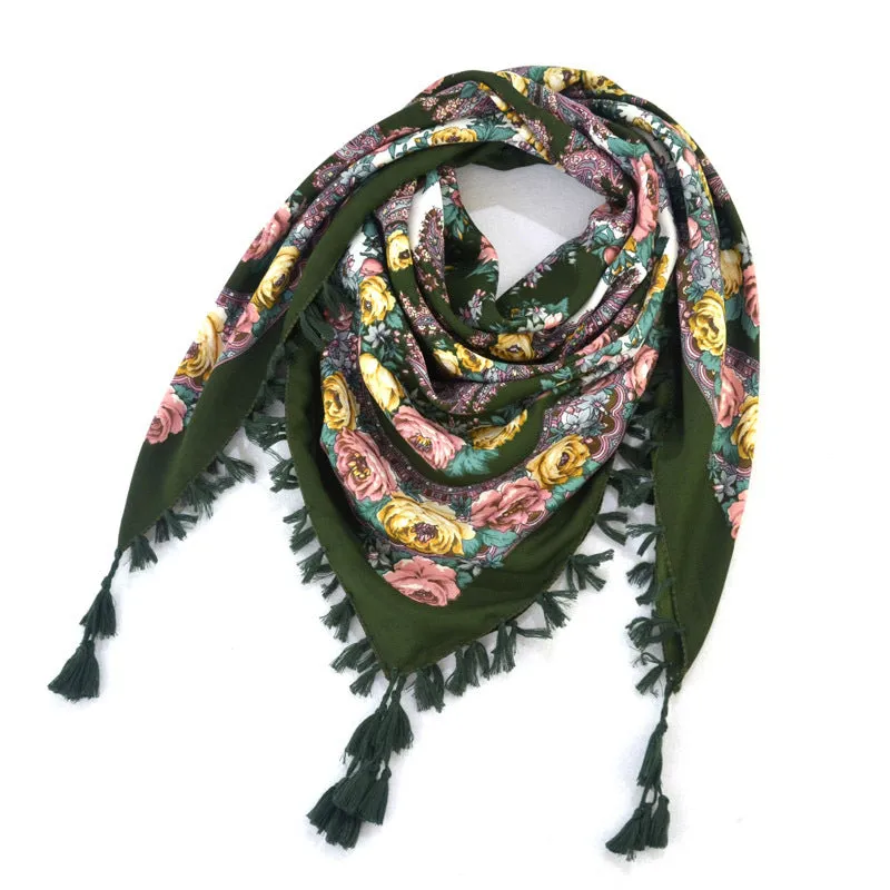 Ethnic Flower Print Square Scarf Shawl Fringed Scarves for Women Ladies Girls