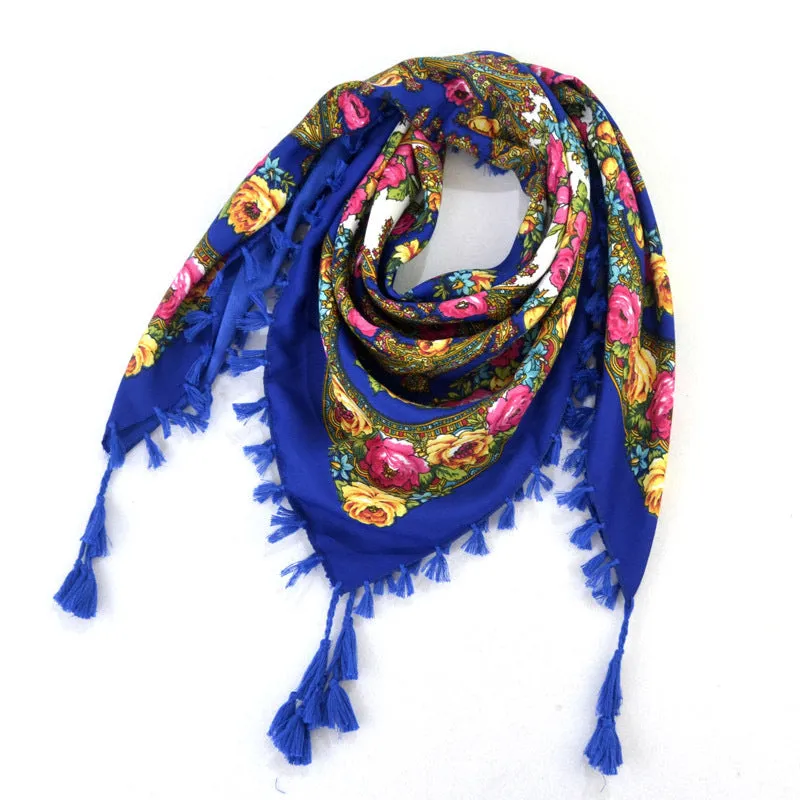 Ethnic Flower Print Square Scarf Shawl Fringed Scarves for Women Ladies Girls