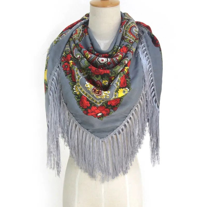 Ethnic Flower Print Square Scarf Shawl Fringed Scarves for Women Ladies Girls