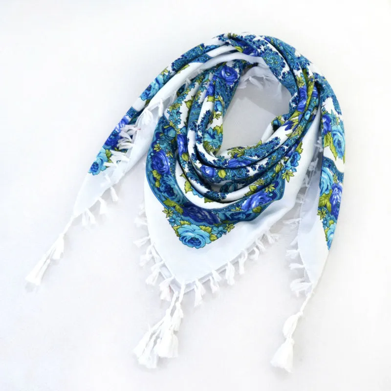 Ethnic Flower Print Square Scarf Shawl Fringed Scarves for Women Ladies Girls