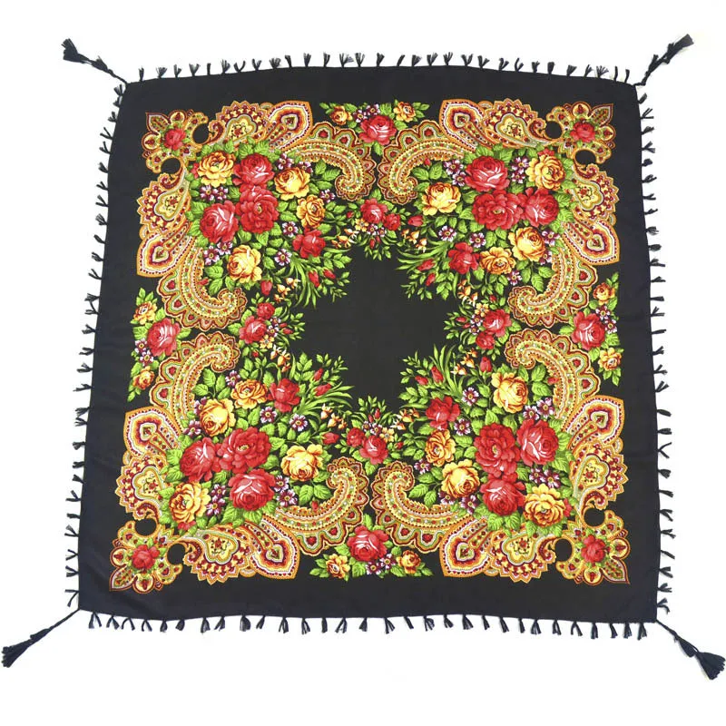 Ethnic Flower Print Square Scarf Shawl Fringed Scarves for Women Ladies Girls