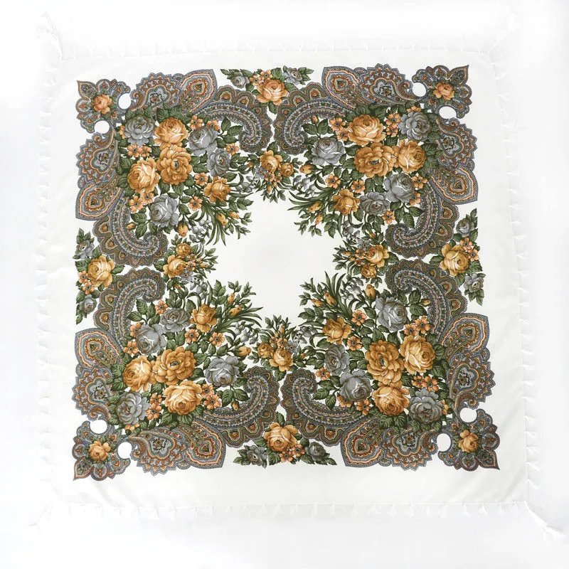 Ethnic Flower Print Square Scarf Shawl Fringed Scarves for Women Ladies Girls
