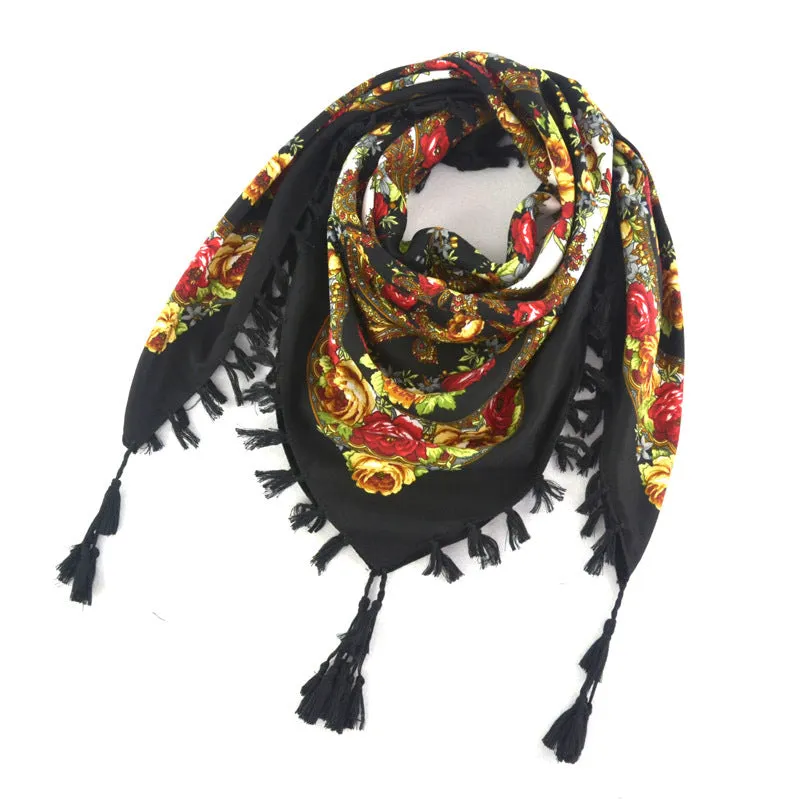 Ethnic Flower Print Square Scarf Shawl Fringed Scarves for Women Ladies Girls