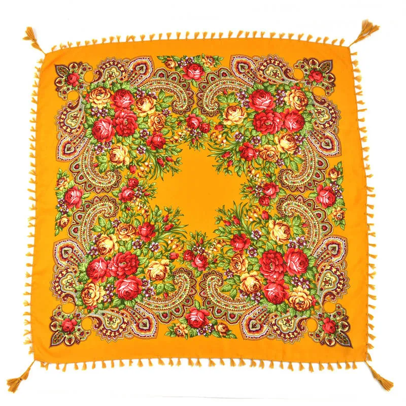 Ethnic Flower Print Square Scarf Shawl Fringed Scarves for Women Ladies Girls