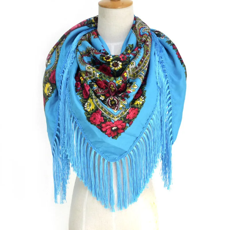 Ethnic Flower Print Square Scarf Shawl Fringed Scarves for Women Ladies Girls