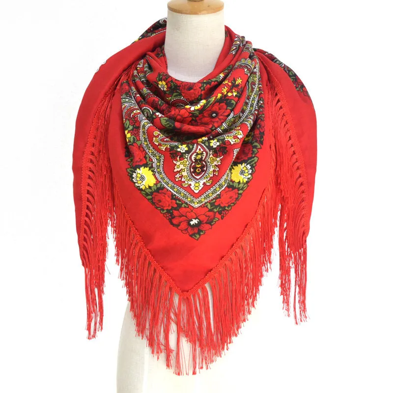 Ethnic Flower Print Square Scarf Shawl Fringed Scarves for Women Ladies Girls