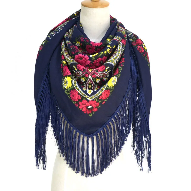 Ethnic Flower Print Square Scarf Shawl Fringed Scarves for Women Ladies Girls