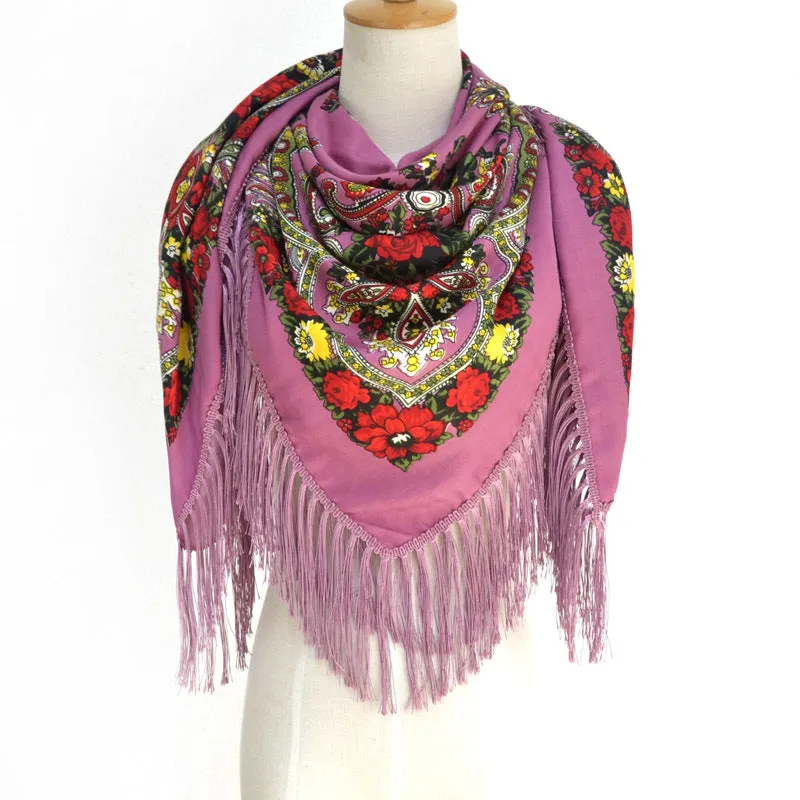 Ethnic Flower Print Square Scarf Shawl Fringed Scarves for Women Ladies Girls