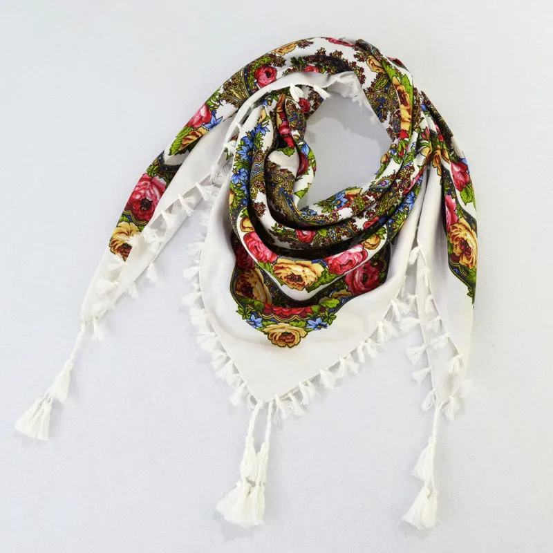Ethnic Flower Print Square Scarf Shawl Fringed Scarves for Women Ladies Girls