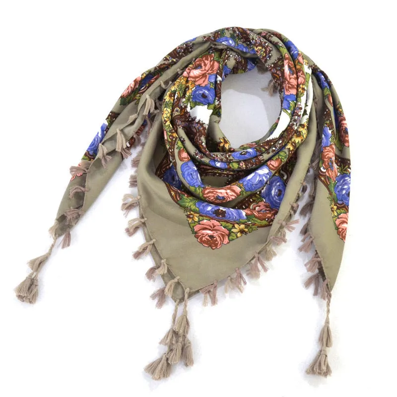 Ethnic Flower Print Square Scarf Shawl Fringed Scarves for Women Ladies Girls
