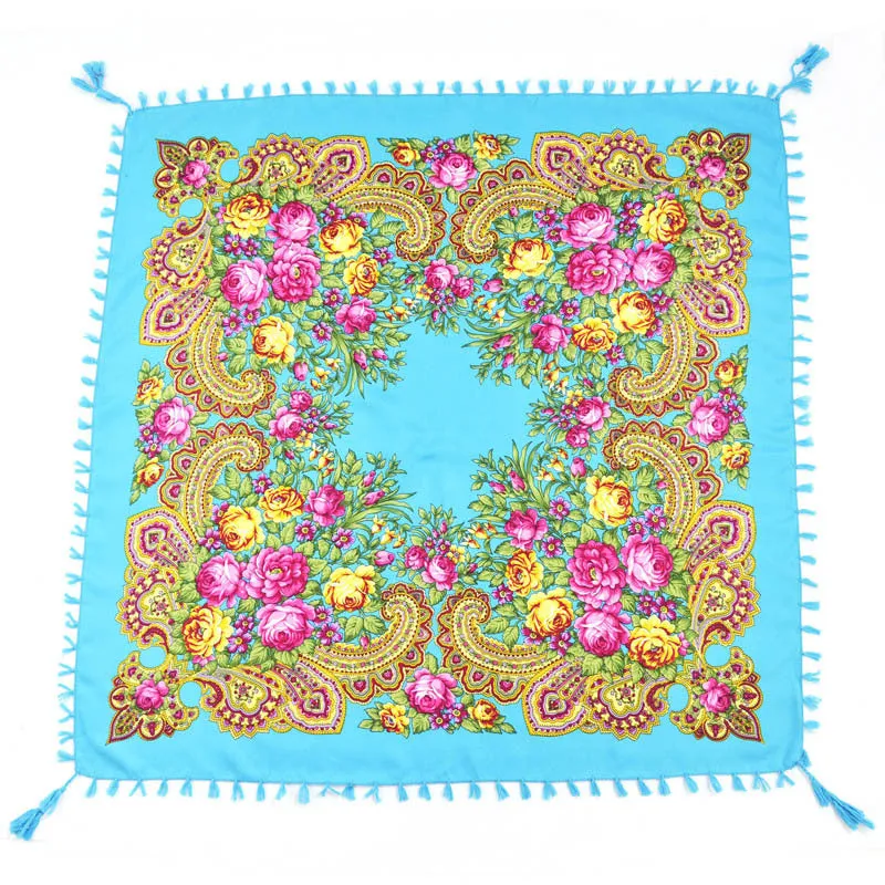 Ethnic Flower Print Square Scarf Shawl Fringed Scarves for Women Ladies Girls