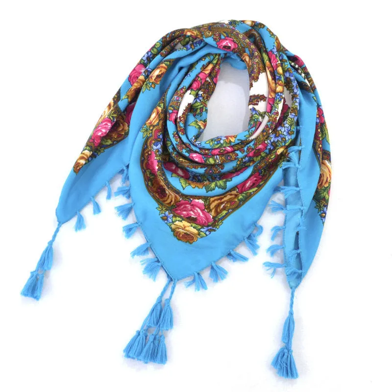 Ethnic Flower Print Square Scarf Shawl Fringed Scarves for Women Ladies Girls
