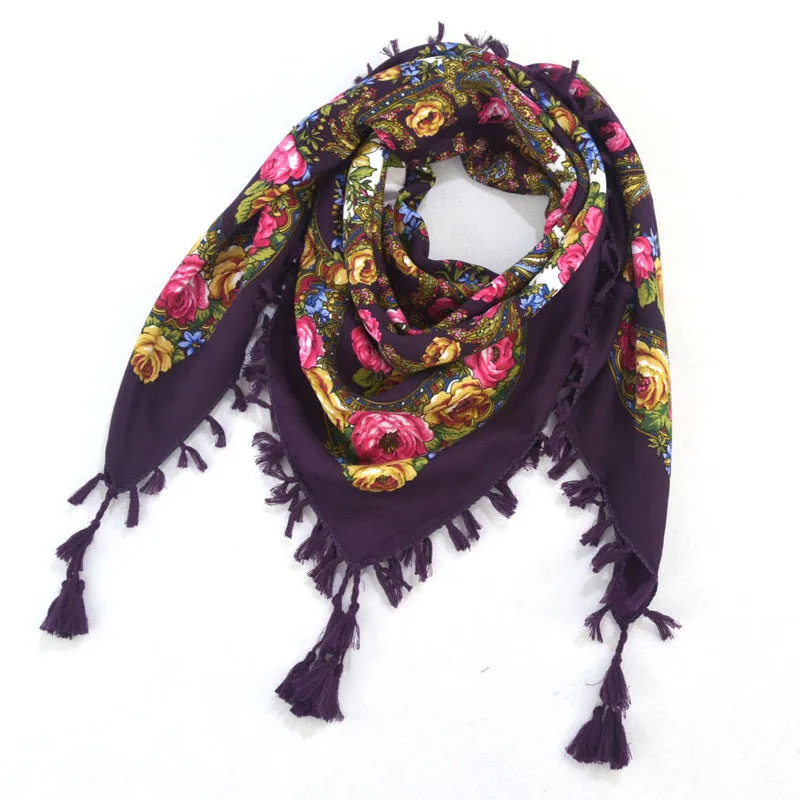 Ethnic Flower Print Square Scarf Shawl Fringed Scarves for Women Ladies Girls