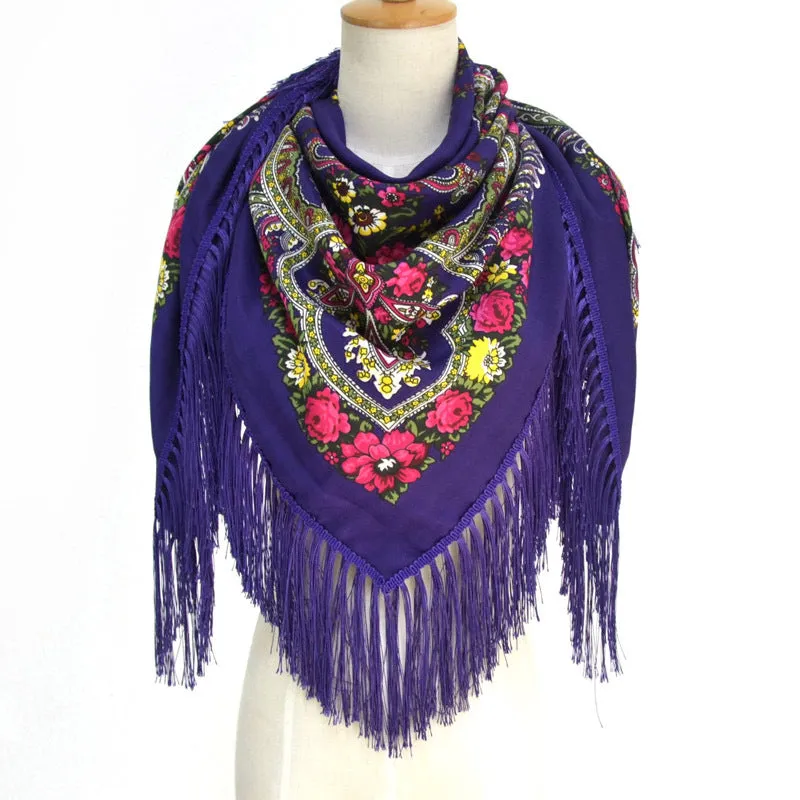 Ethnic Flower Print Square Scarf Shawl Fringed Scarves for Women Ladies Girls