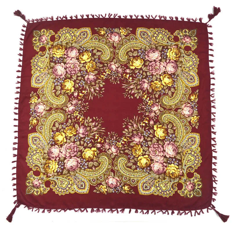 Ethnic Flower Print Square Scarf Shawl Fringed Scarves for Women Ladies Girls