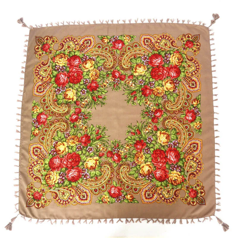 Ethnic Flower Print Square Scarf Shawl Fringed Scarves for Women Ladies Girls