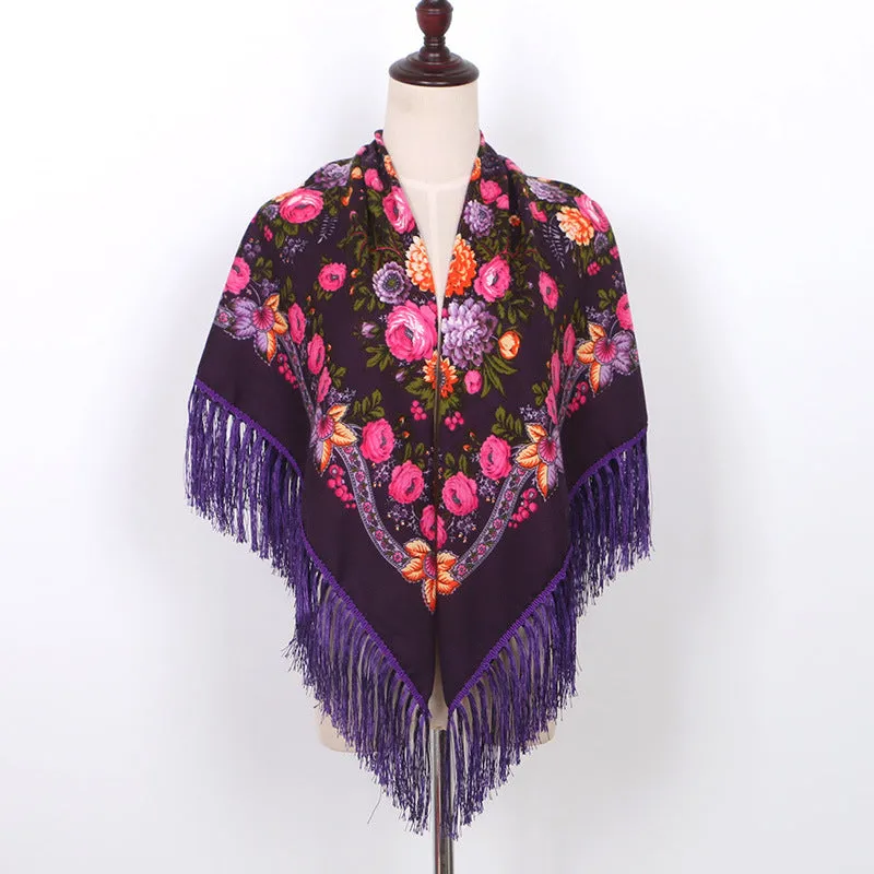 Ethnic Flower Print Square Scarf Shawl Wrap Fringed Scarves for Women Ladies Girls
